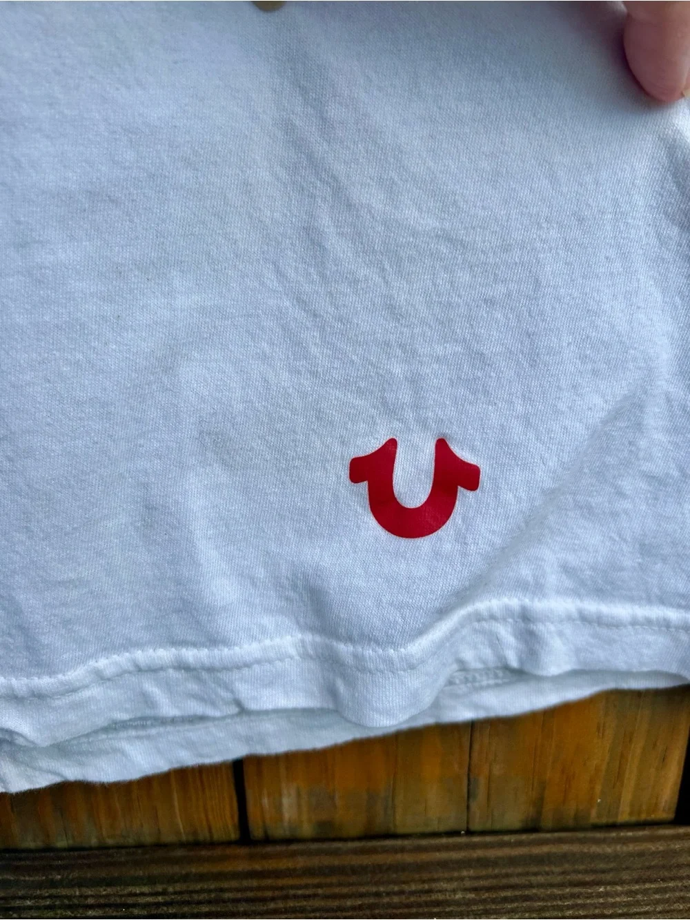 True Religion Shirt White Short Sleeve Tee with Red Horseshoe Logo